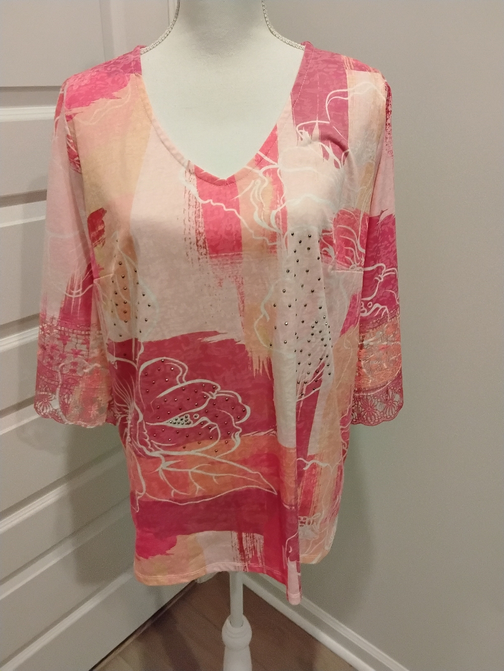 Avenue Pink & Peach V-Neck Top with Rhinestone and Lace Detail